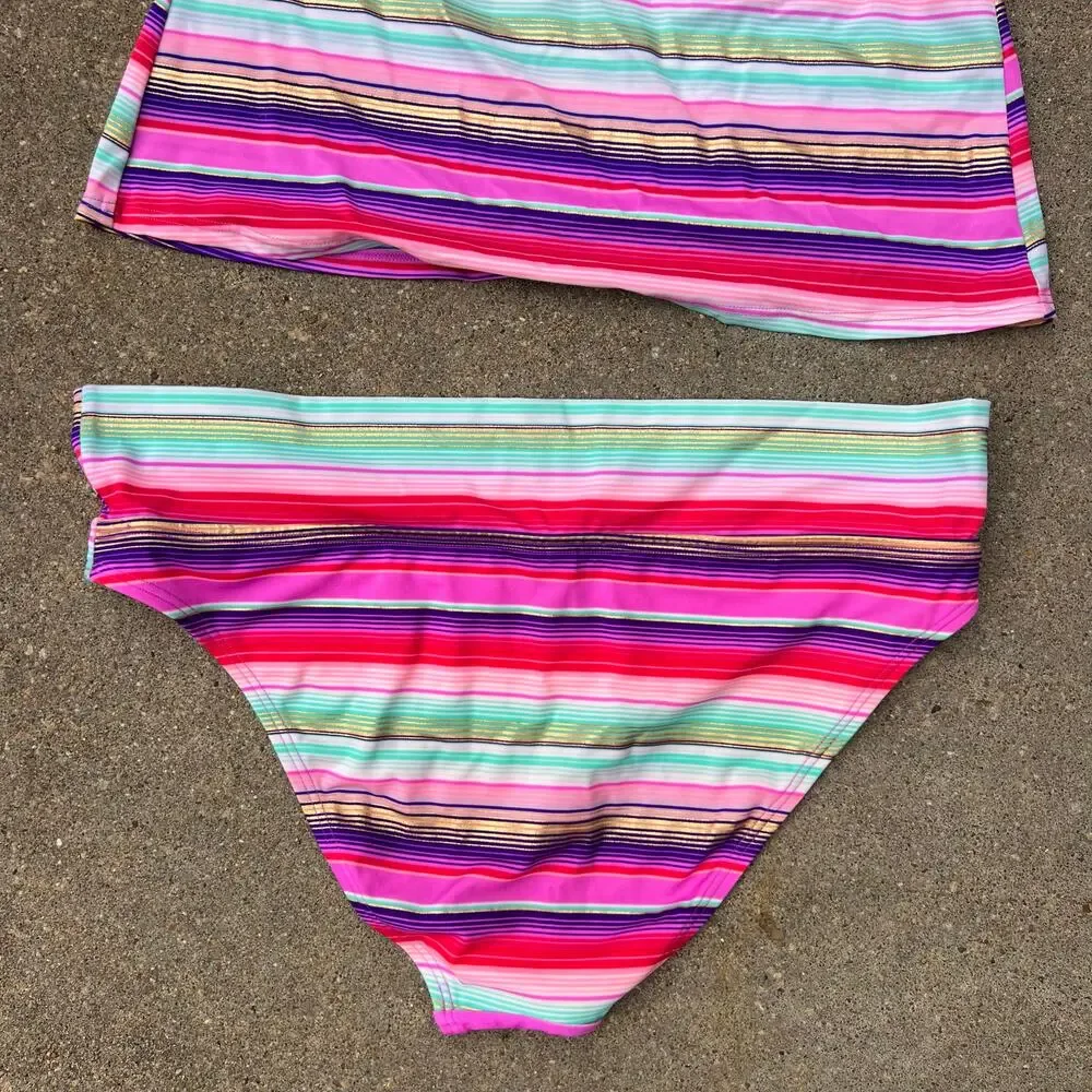 Victoria's Secret High Rise Foldover Bikini Tankini Purple Fuchsia Blue Stripe L